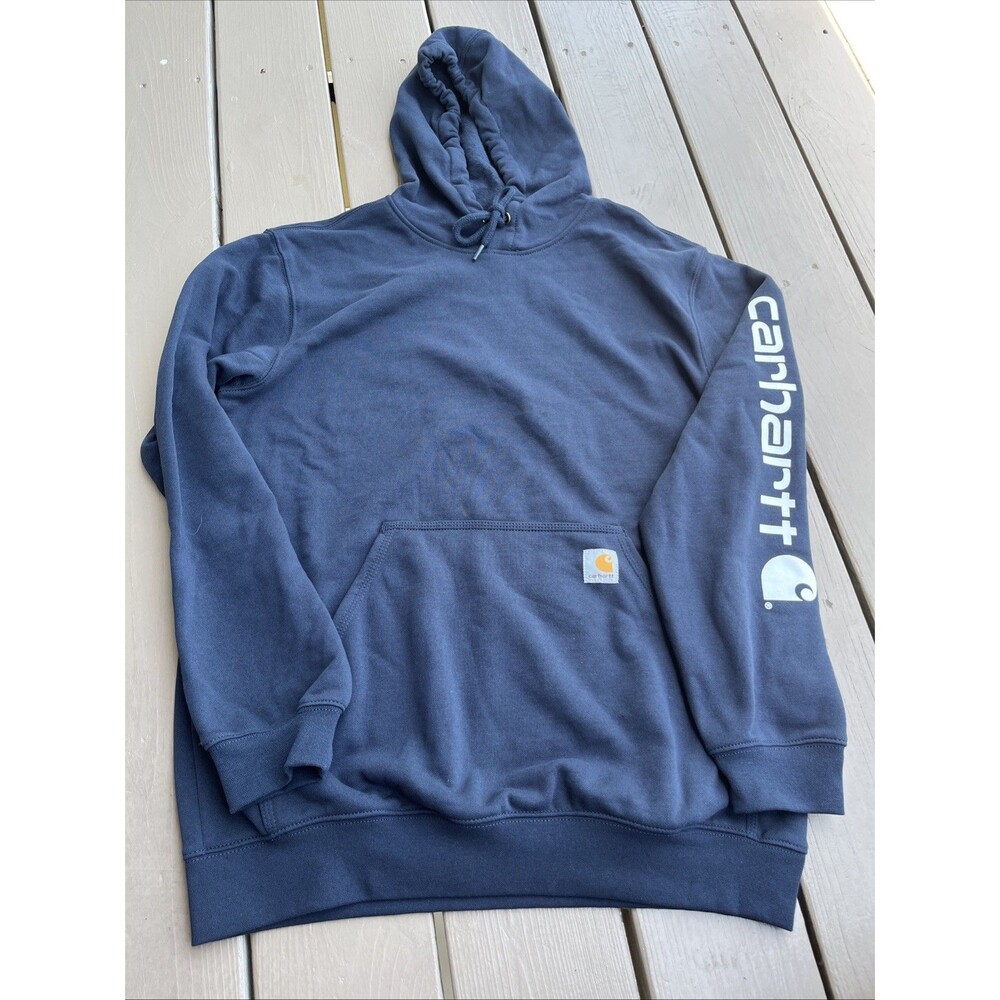 CARHARTT Men's Hoodie Loose Fit Pullover Spelled Out Sleeve Logo Blue Medium